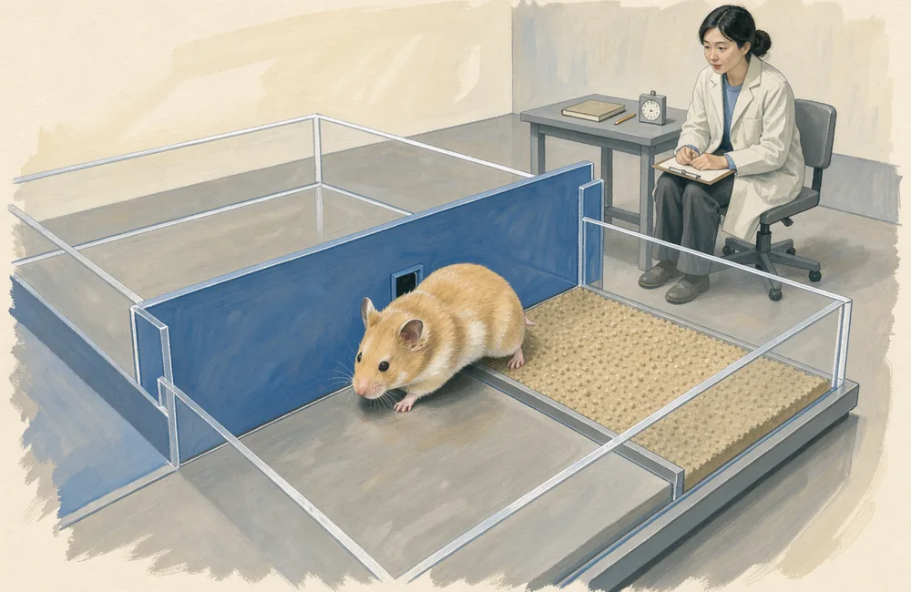 A golden hamster explores a divided arena while a technician observes