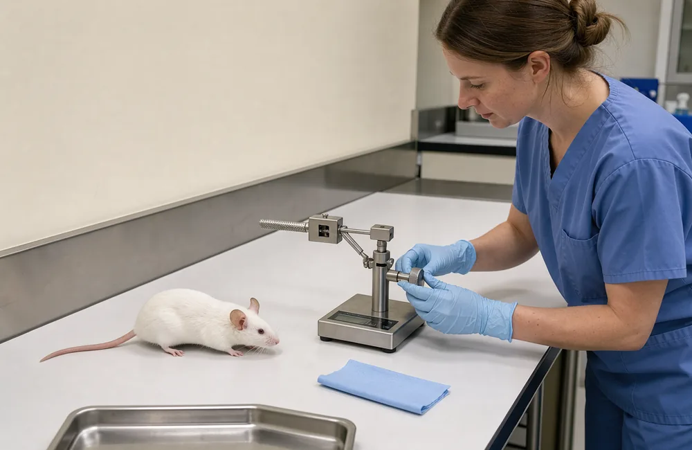 A laboratory technician beside a mouse grip-testing bar on a pale bench