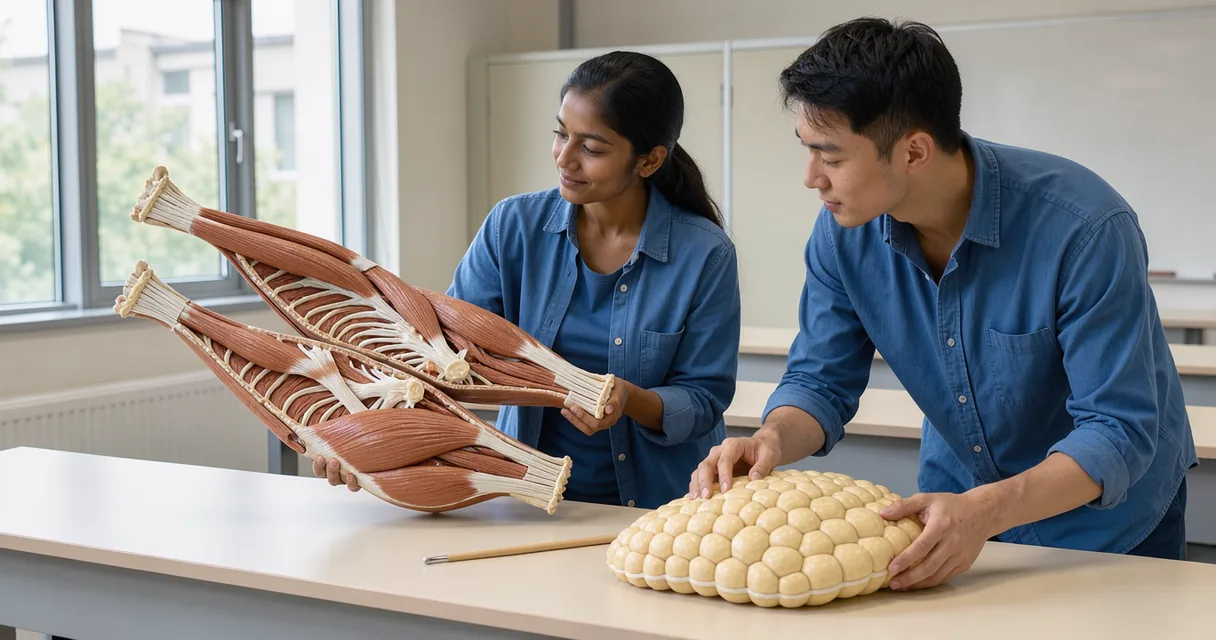 A student holds a muscle teaching model beside a model of fat tissue