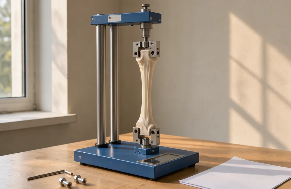 A pale artificial Achilles tendon held in a mechanical testing rig